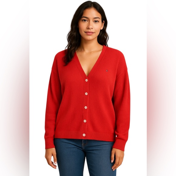 Tommy Hilfiger Red Waffle Knit Button Front Cardigan Sweater Size Medium - Picture 1 of 8